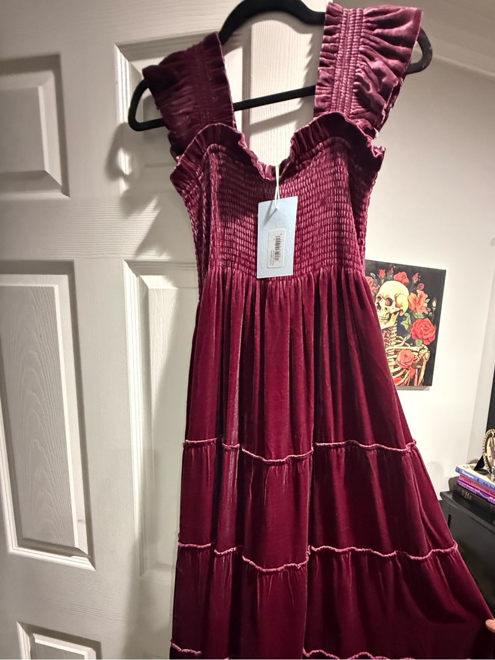 HILL HOUSE Nap Dress Velvet Smocked Ruffle Strap Burgundy Tiered Midi Dress